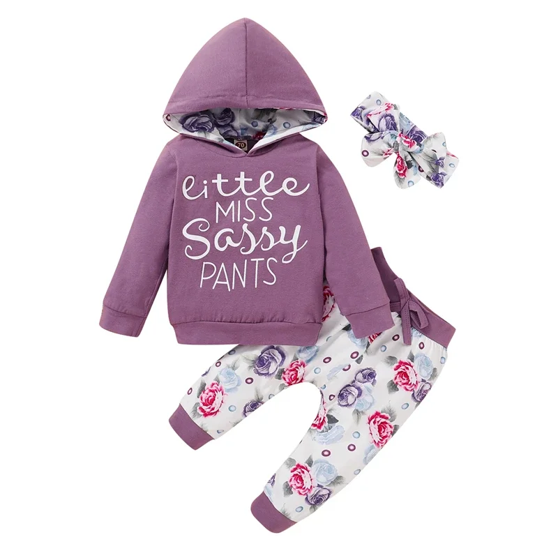 Newborn Infant Baby Girls Autumn Outfit Sets Purple Long Sleeve Letter Print Hooded Top + Floral Pants + Bowknot Headband