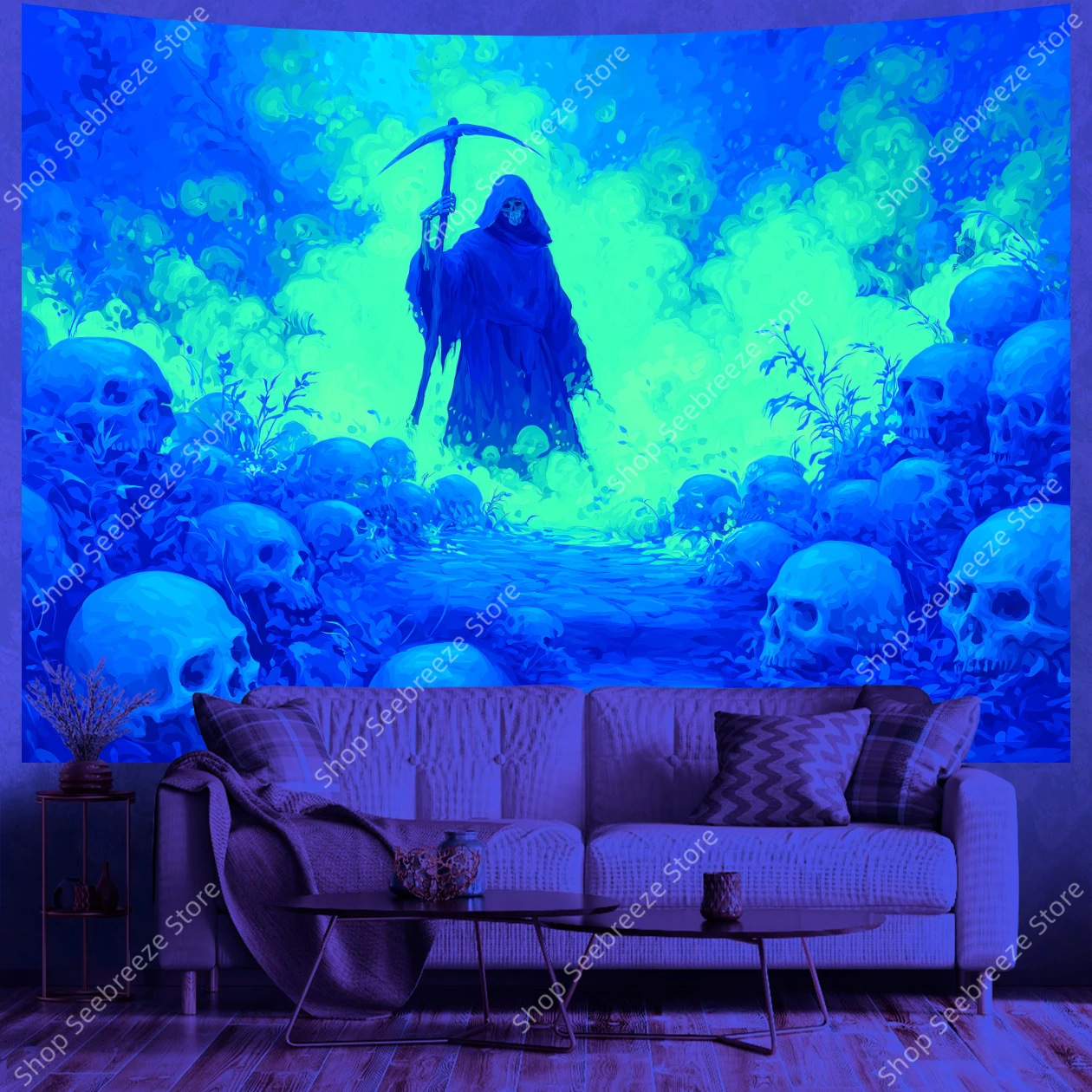 Grim Reaper UV Tapestry Hooded Figure with Scythe and Blue Skulls in Enchanted Forest Gothic Wall Hanging for Dark Office Decor