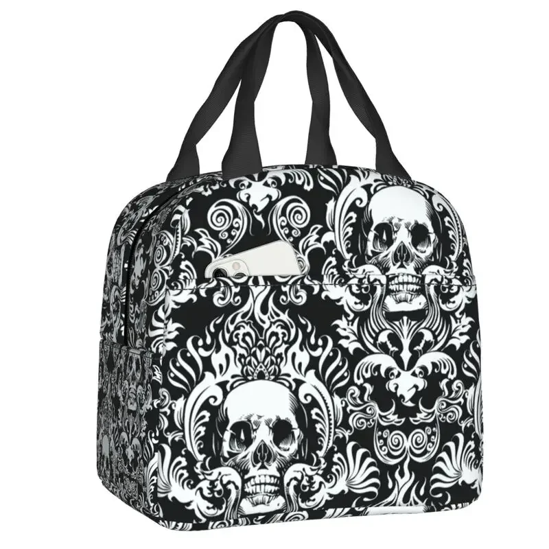 Horror Skeleton Skull Thermal Insulated Lunch Bag Women Halloween Macabre Art Lunch Tote for School Storage Food Bento Box