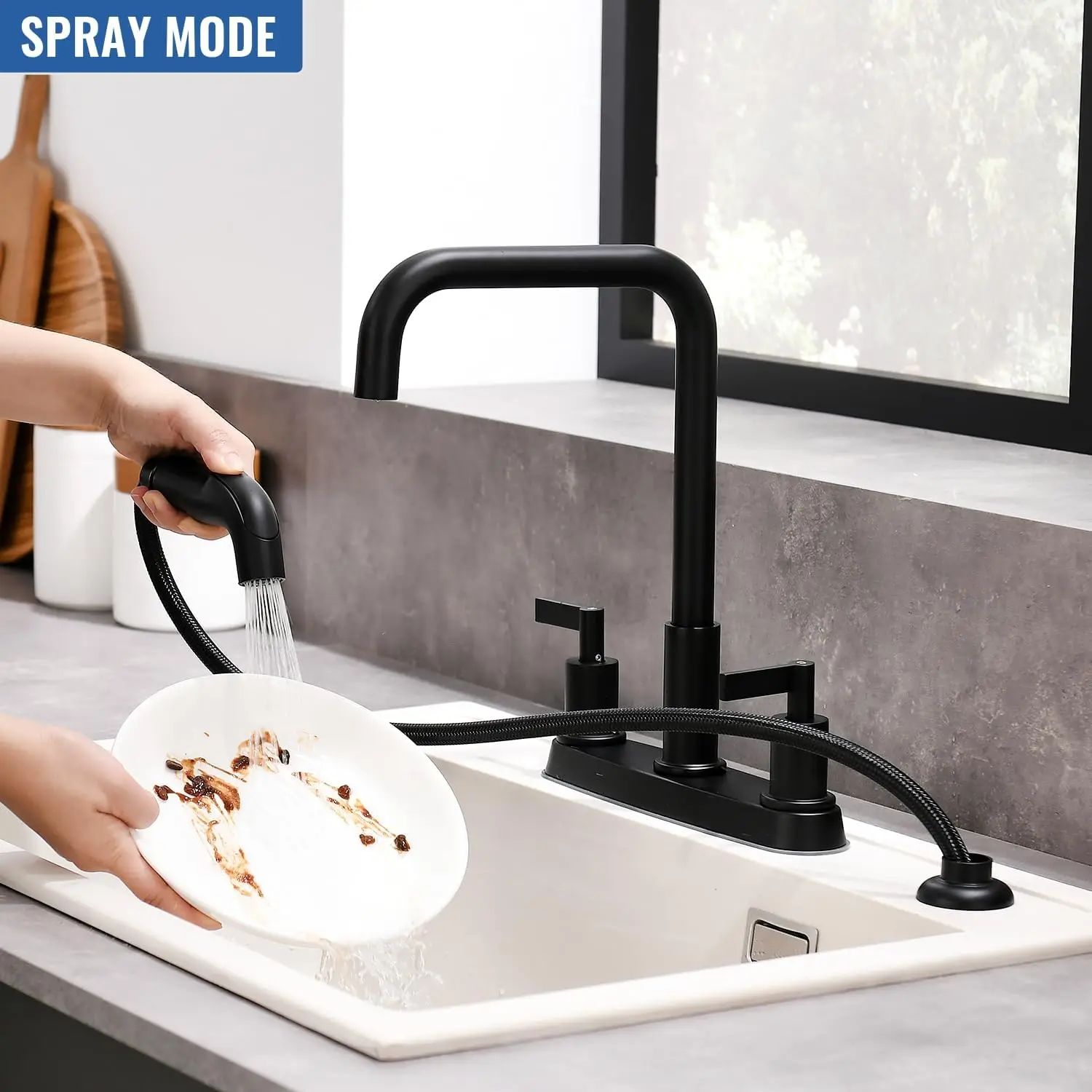 Black Kitchen Faucet with Sprayer, Matte Black 3/4 Hole Sink Faucet, Stainless Steel RV Laundry Kitchen Faucet KMF028B