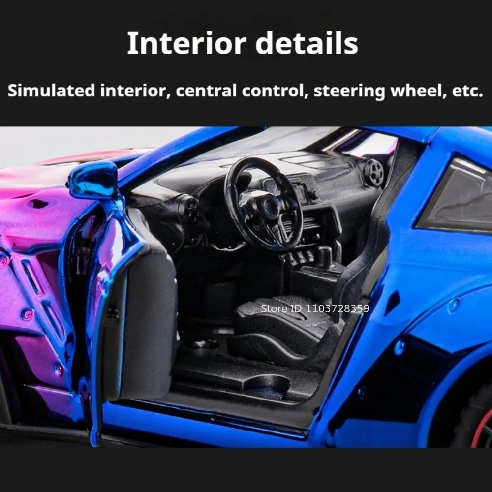 1:32 Supercar Modello GTR R8 Giocattoli Pressofuso in lega Ornamento Auto sportive Suono Luce Porte aperte Tirare indietro Regali di Natale per i bambini