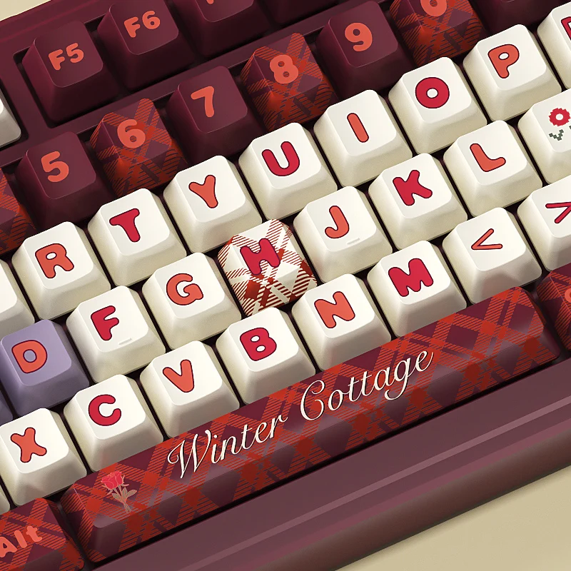 Winter Cottage Customized Keycaps Cherry Profile Burgundy White Plaid Design DIY Mechanical Keyboard Keycap Original PBT Key Cap