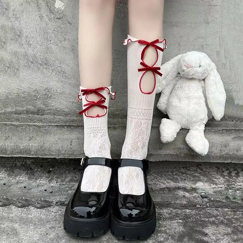 3 Pairs Hollowed-Out Mesh Socks For Women Jk Double Spring Summer Thin Lace Bow Mid-Calf Lolita