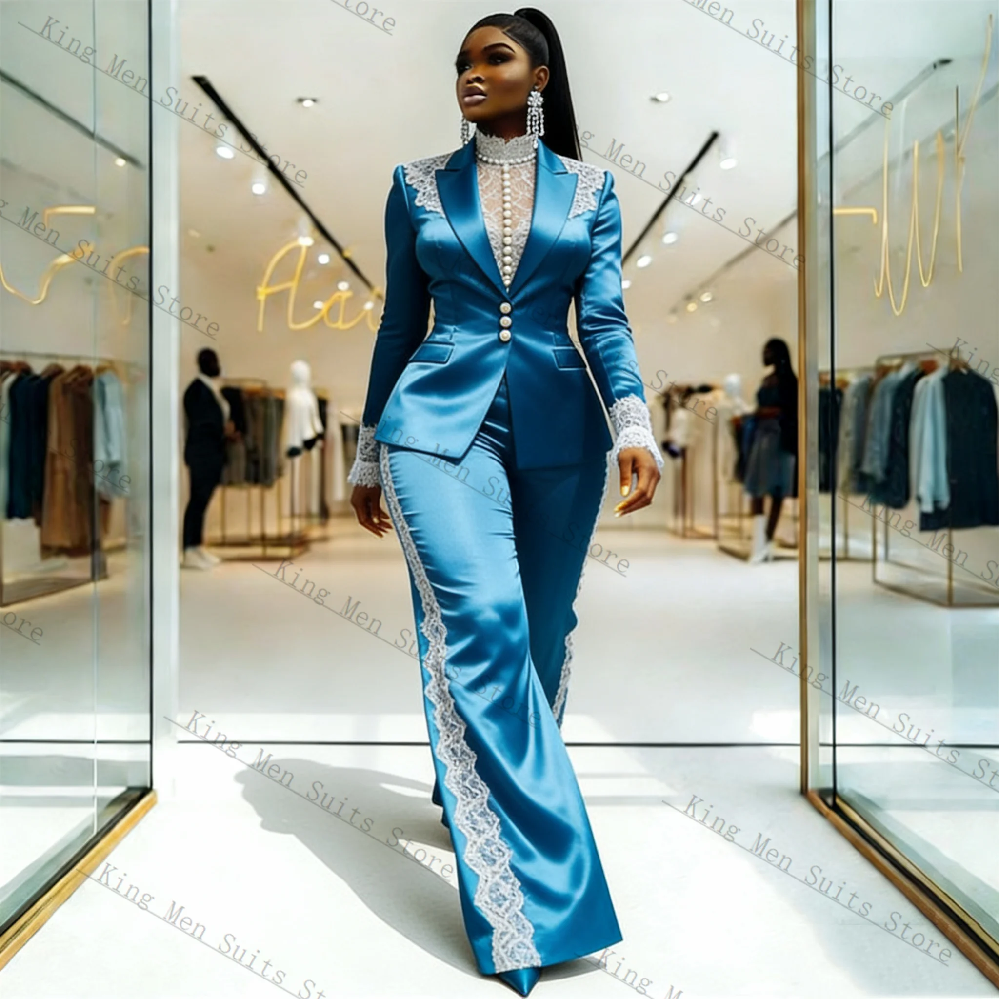 

Lace Blue Satin Women Suit Set 2 Pcs Blazer+Loose Pants Trousers Spring Customized Formal Guest Wedding Tuxedos Coat Jacket