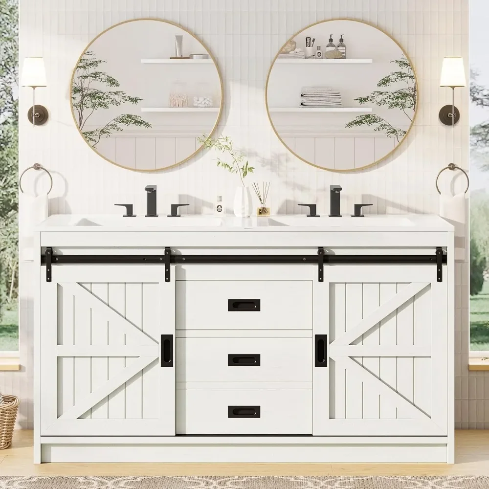 Double Farmhouse Bathroom Vanity with Sink, 60in Sliding Barn Door Bathroom Storage Cabinet, Large Double Bath Vanity Sink Combo