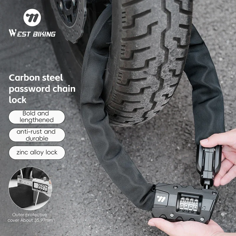 WEST BIKING Bicycle Chain Lock Carbon Steel 4 Digit Password Lock Outdoor Anti-Theft Scooter Bike Chain Lock Bike Accessories