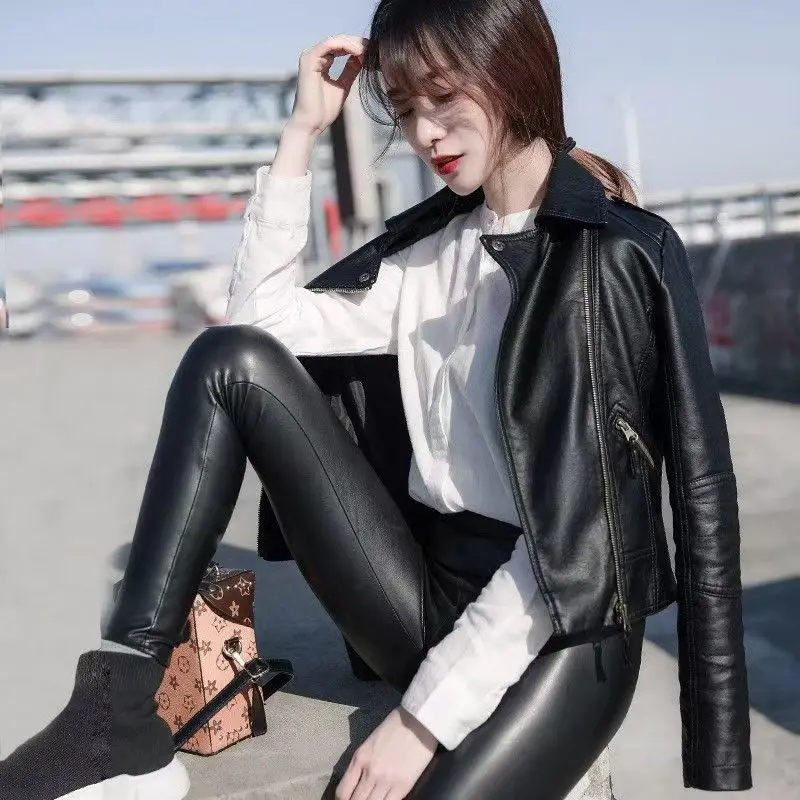 Women Spring Summer Faux Leather Jacket Black Slim Short Jackets Motorcycle PU Jackets Solid Colors Zippers Slim Short Jacket