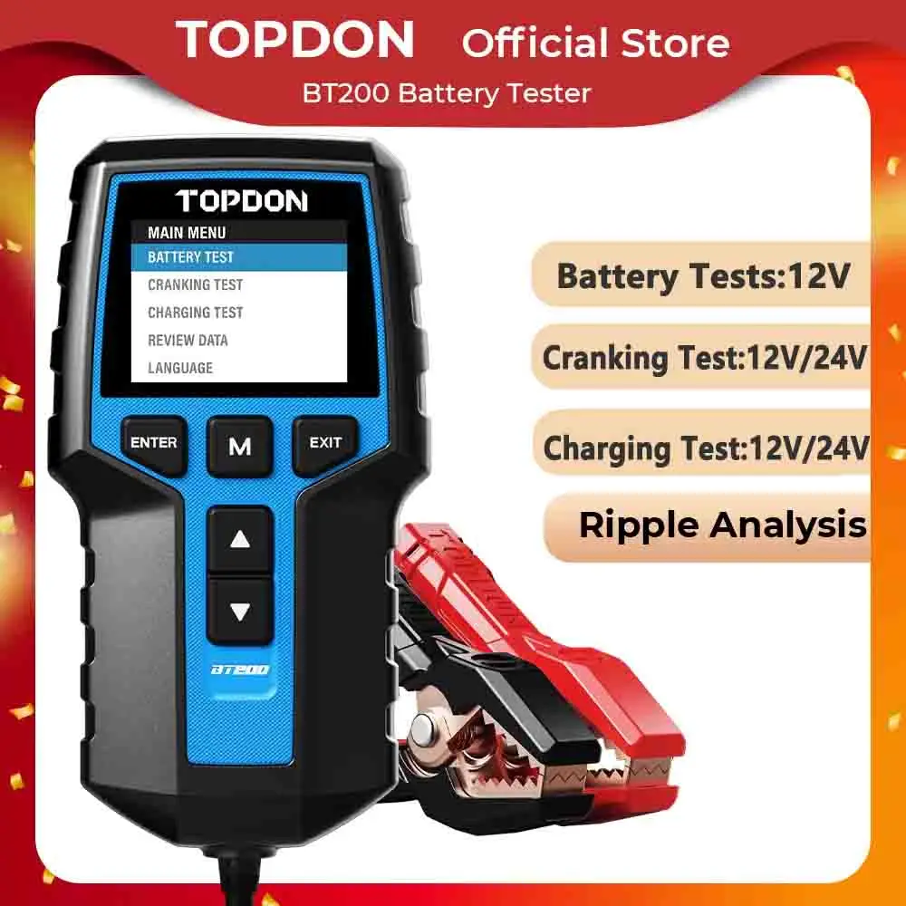 TOPDON BT200 Portable Battery Tester Charging Cranking Test Tools for Car 12V Automotive Diagnostic Battery Monitor 100-2000CCA