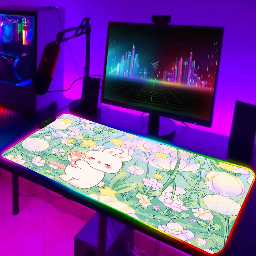 

Коврик для мыши Ins, кролик, цветы, RGB, кавайный XXL, Настольный коврик, Нескользящая подушка для настольного компьютера, ноутбука, клавиатура, офисные игровые аксессуары