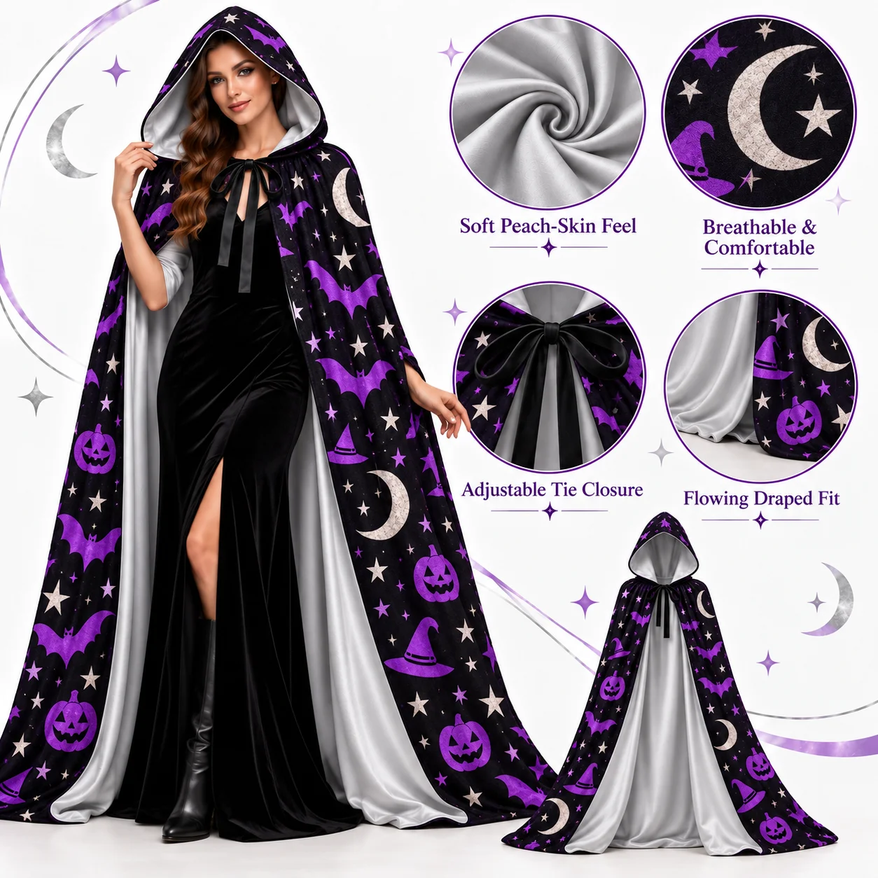 Halloween Hooded Cloak Witch Cape Adult Costume Purple Black Printed Cape for Party Magic Stage Performance Film Theater Cosplay - view 3