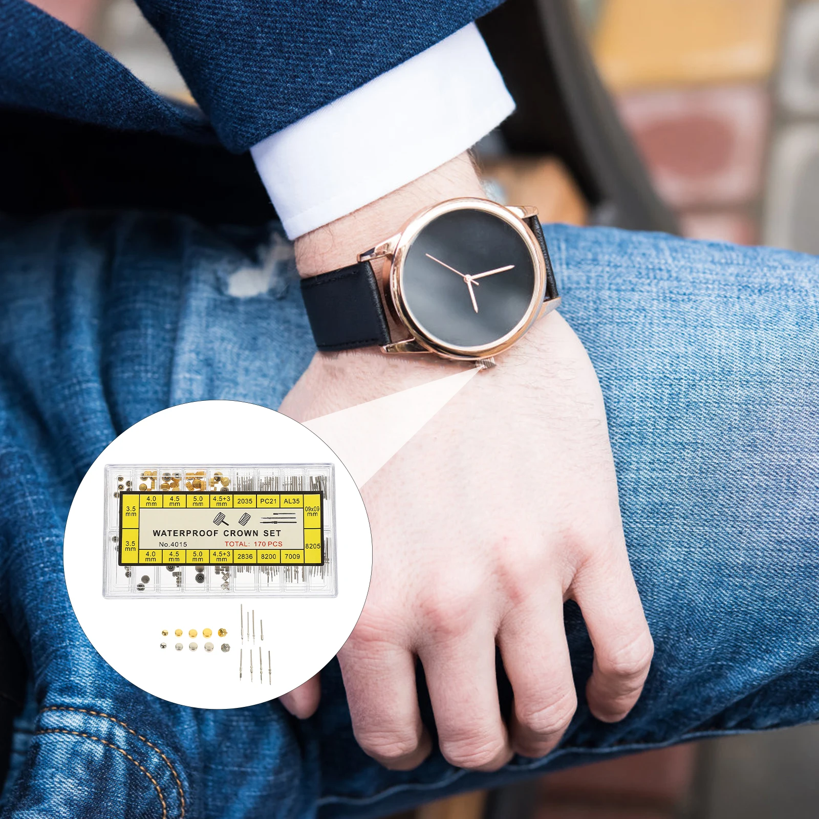 

170pcs Watch Repair Parts Copper Crowns Stems Assortment Box Professional Watchmakers Tools Durable Spare Replacements Bright