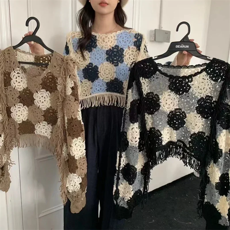 Vintage Women's Crochet Knitted Pullover Multicolor Y2k Flower Patchwork Sweaters Long Batwing Sleeve Loose Chic Crop Tops T077