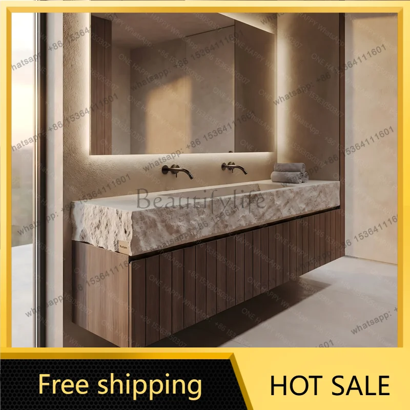 Any Size Custom Vintage Travertine Double Undermount Sink Luxury Natural Stone Bathroom Vanity Cabinet Villa Home Furniture High