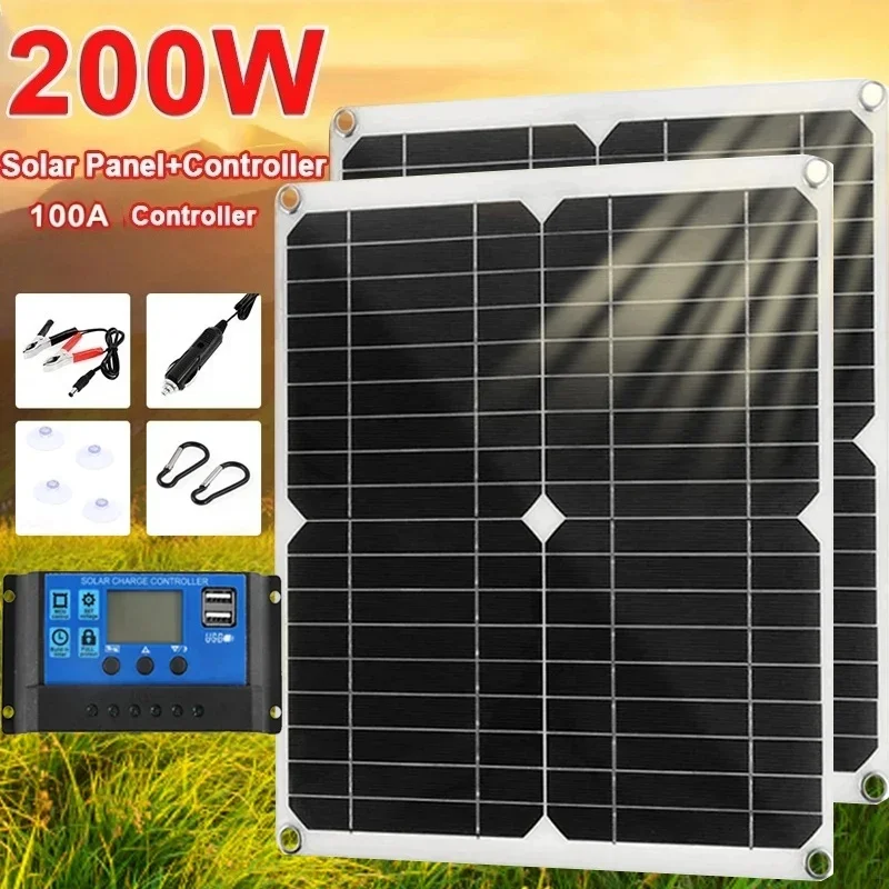 200W Solar Panel Kit 18V Solar Cell with 60A-100A Controller Solar Plate for Phone RV Car MP3 PAD Charger Outdoor Battery Supply
