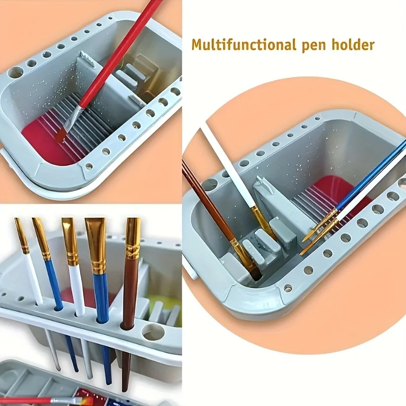 [1 Brush Holder with Palette]1 Rectangular Integrated Palette with Lid,16-hole Multi-functional Brush Washer,cleaner,storage Box