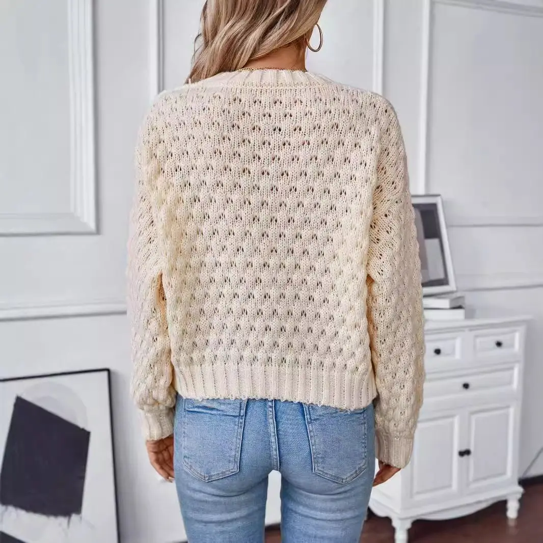 New Autumn-winter Style Open-weave Eight-piece Pullover Loose Round-neck Retro Knitted Sweater