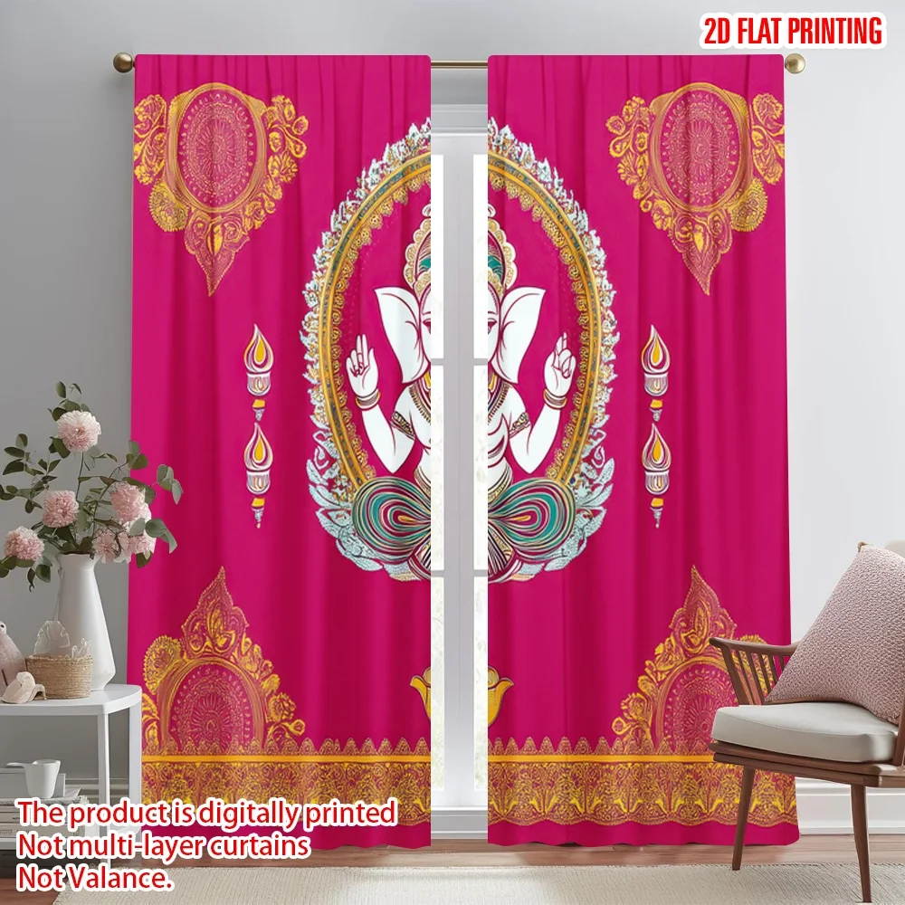 

2D flat printing 2pcs Window Curtains Diwali Ganesha Digital Printed Polyester Drapes Seasonal Party & Holiday Decor Use for