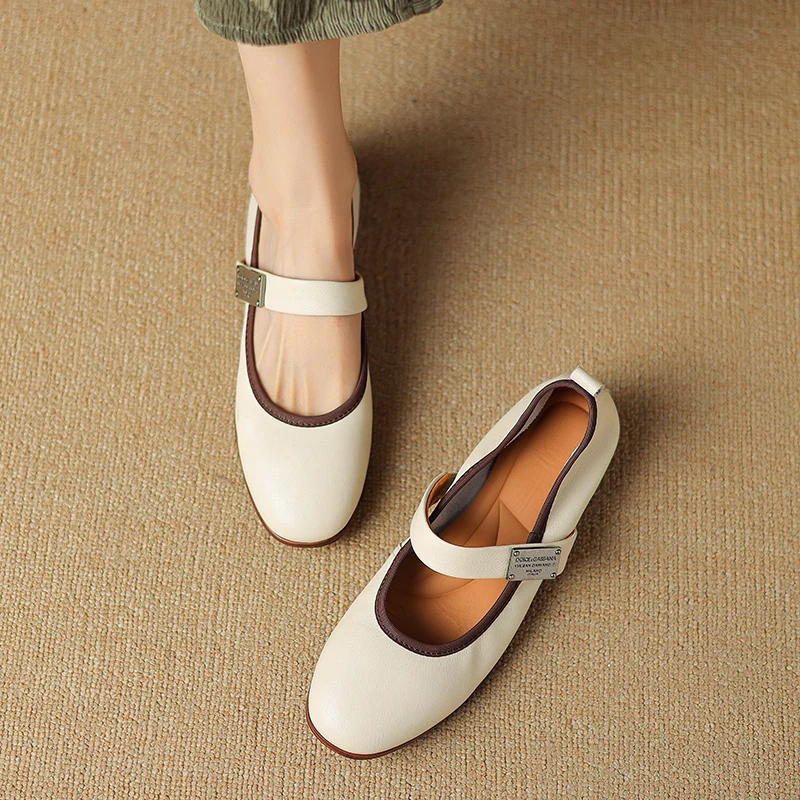 

2024 Spring New Soft Genuine Leather Round Toe Shallow Low Heels Shoes Mature Sweet Dating Slip-on Mary Janes for Women 34-39