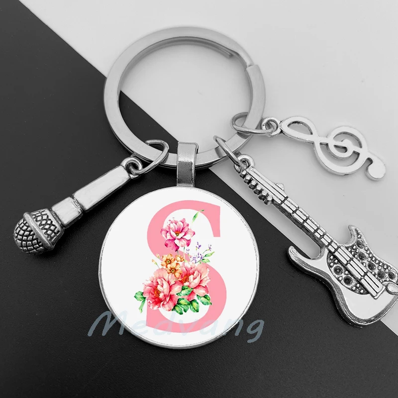 Music teacher A-Z 26 letter glass keychain music major student gift music microphone guitar favorite souvenir for men and women