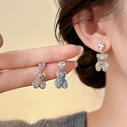 14K Gold Electroplated Zircon Pink Heart Cute Silver Color Bear Dangle Earrings Fashionable Light Luxury Jewelry for Women K-
