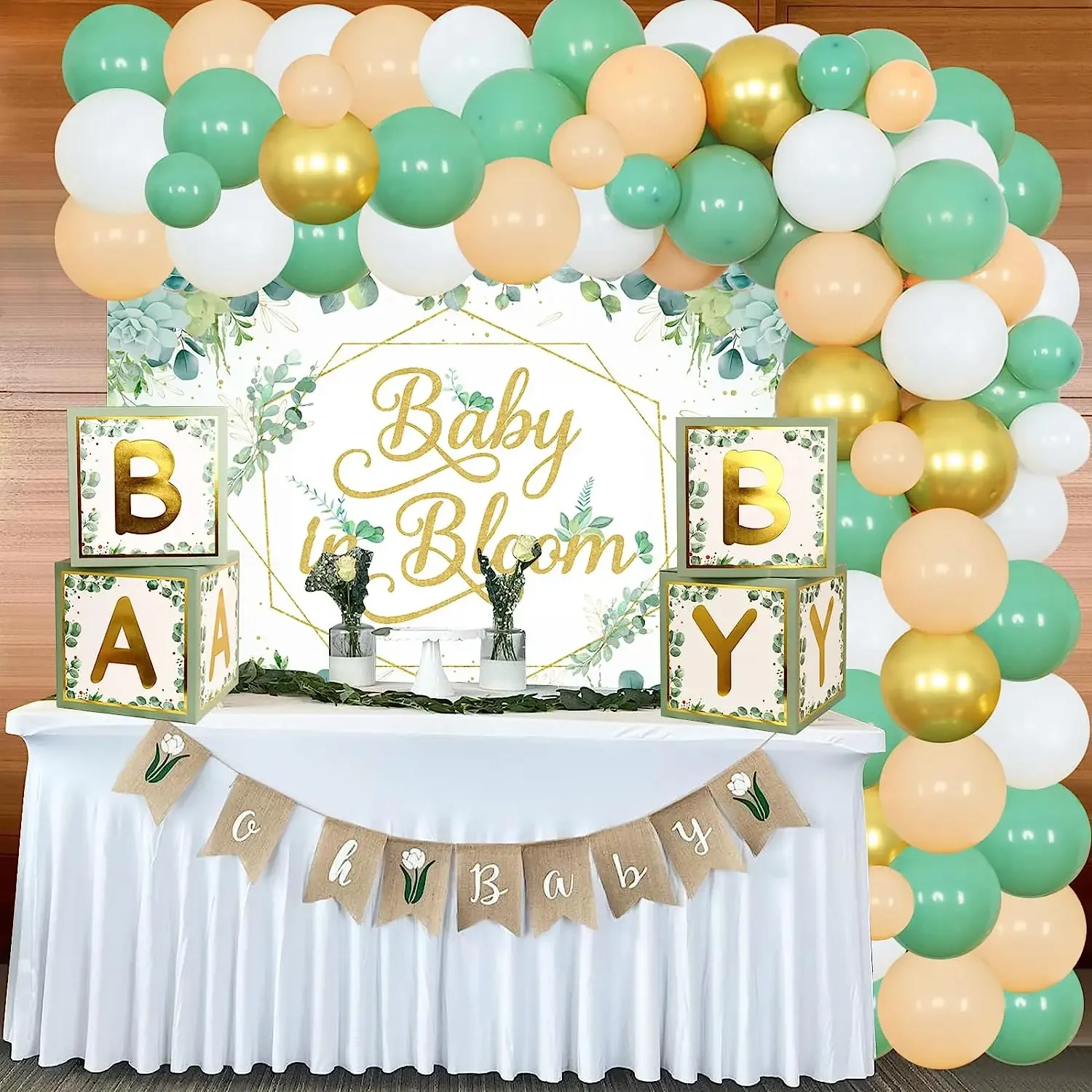 Green Balloon Garland Kit with Backdrop Greenery Boxes, Baby in Bloom, Baby Shower Decorations, Boy Sage, Party Supplies