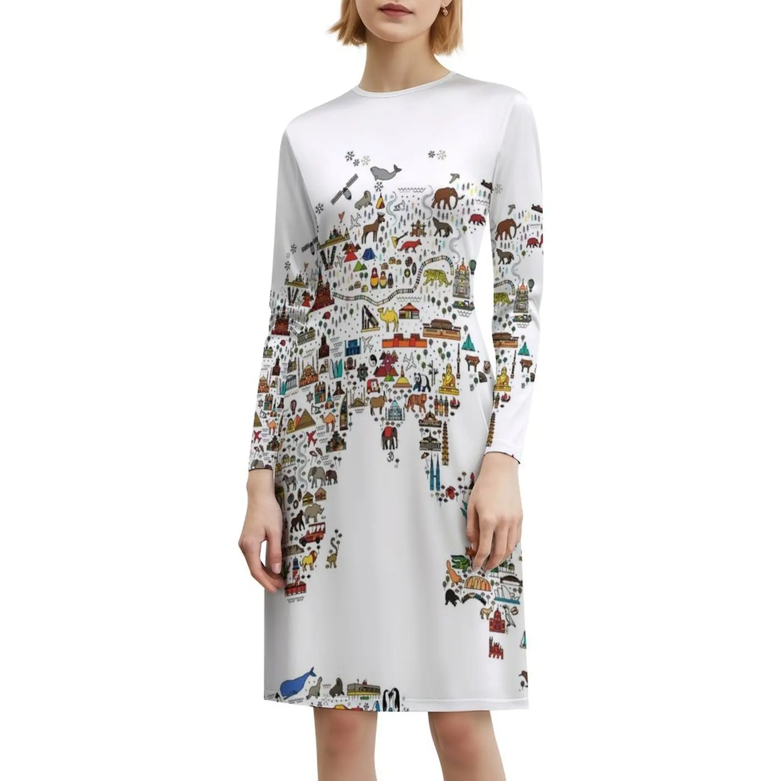 خريطة أيقونات خط السفر العالمي. ملصق سفر مع فستان بوهيمي عتيق بأكمام منتفخة أو خيارات بلا أكمام لفستان النساء #6