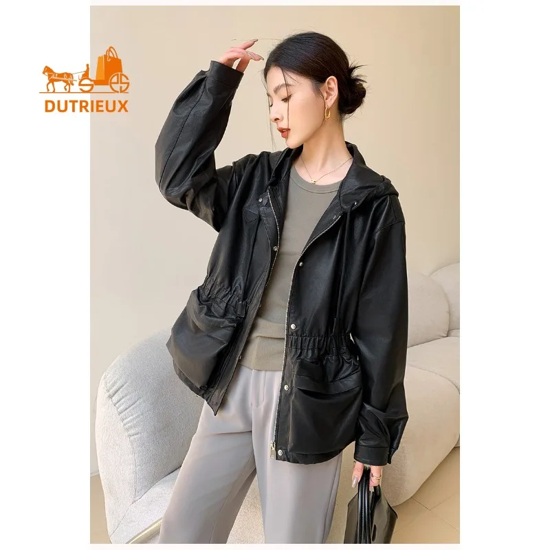 Nueva chaqueta de cuero genuino con capucha de otoño e invierno para mujer, 100% piel de oveja auténtica, abrigo corto suelto elegante de moda para mujer