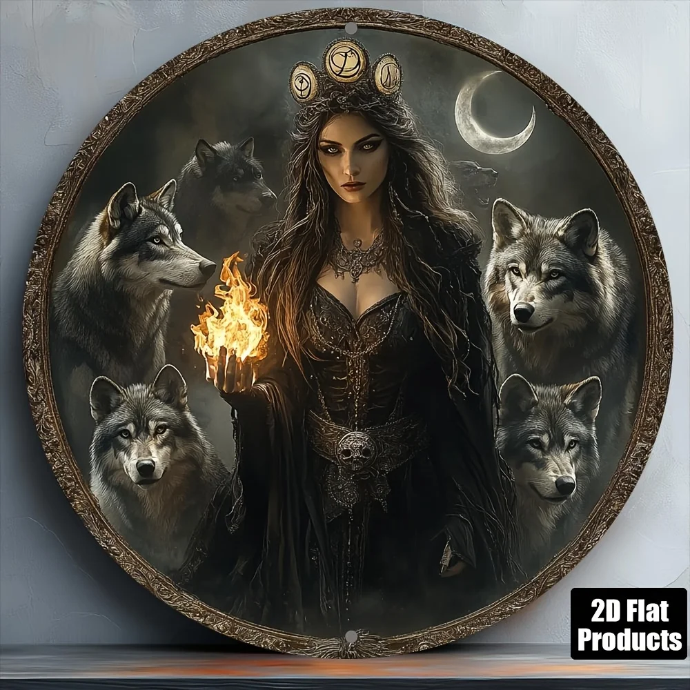 Hecate Goddess Gothic Round Metal Wall Art Sign 8x8 Inch - Dark Fantasy Aluminum Plaque for Home Bar Cafe Decoration