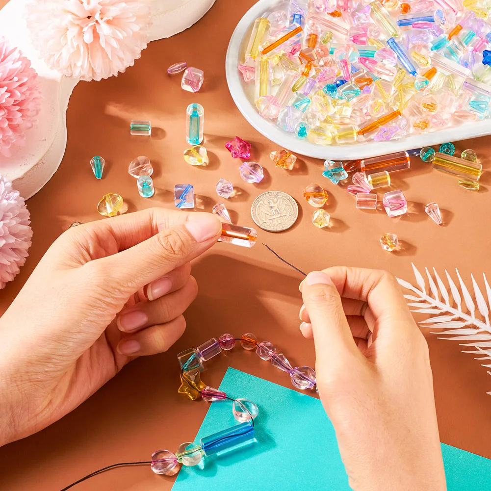 200pcs Mixed Transparent Acrylic Beads Teardrop Column Polygon Loose Spacer Beads for Bracelet Necklace Jewelry Making Findings