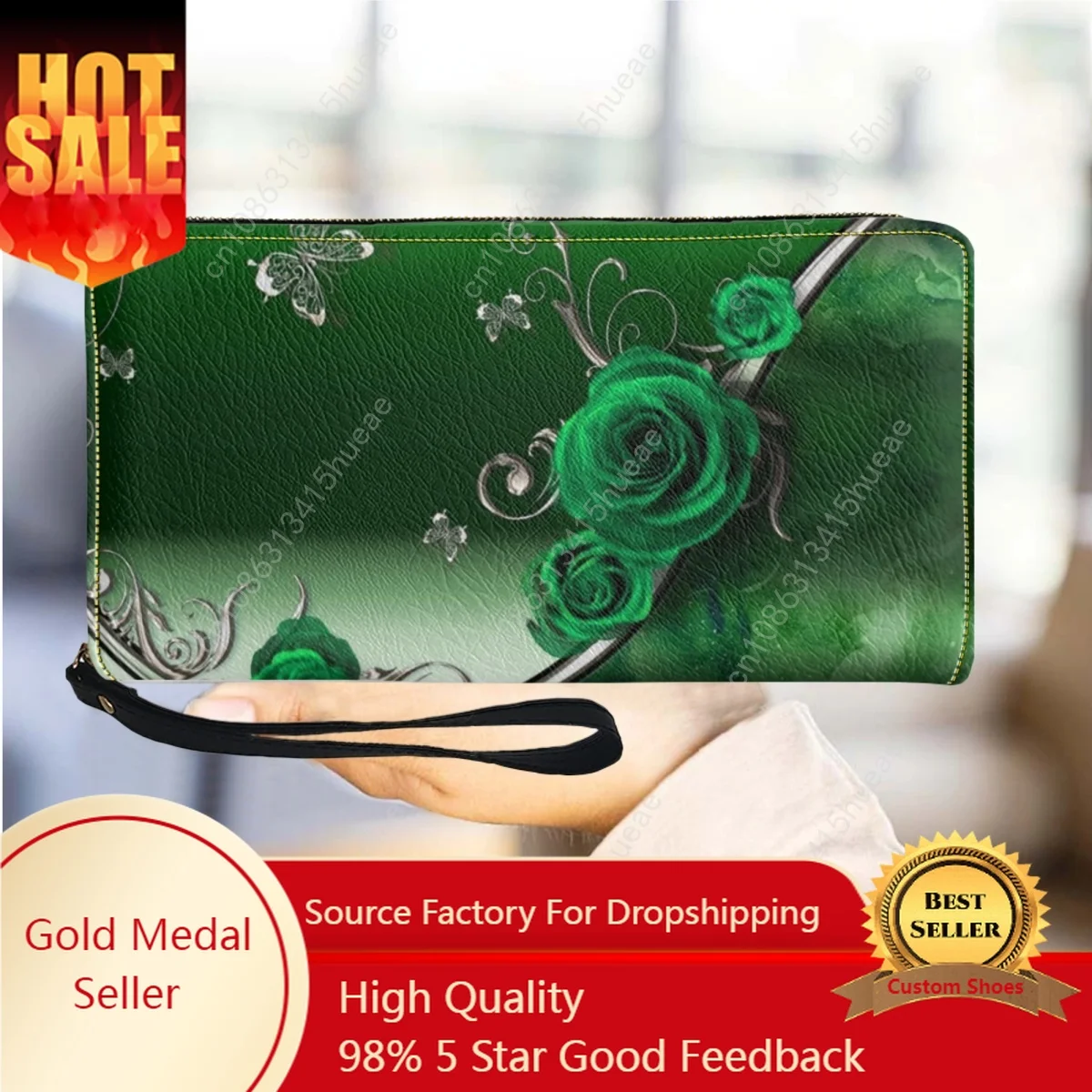 Moda Gothic Rose Green Skórzane portfele dla kobiet Luksusowa marka 2023 Torebki damskie Pasek na nadgarstek Torebka Casual Card ID Holders