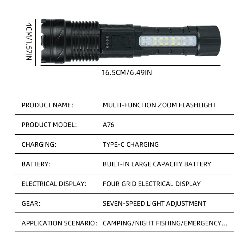 強力なポータブル充電式LED懐中電灯,30W, P50,明るい,家庭用,内蔵バッテリー,電源ディスプレイ,COB