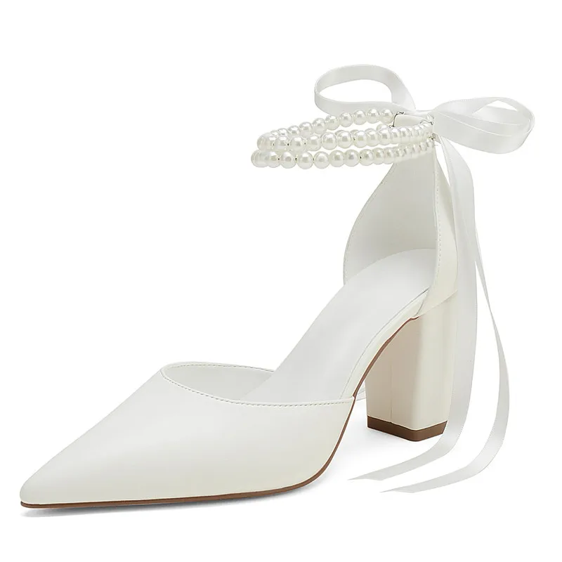 Scarpe da sposa con tacco largo per la sposa perle da donna décolleté per abiti da festa sandali con tacco da donna con punta chiusa tacchi alti da