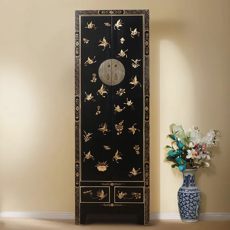 Solid wood painted wardrobe black adult locker gold painted classical vertical cabinet hotel B & B