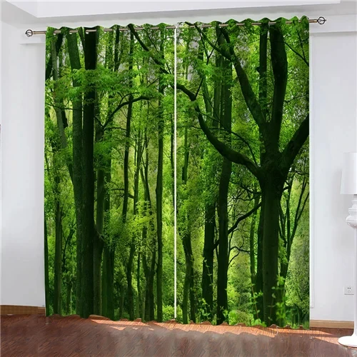 Natural Forest Green Tree Pattern Bedroom Living Room High Blackout Curtains Natural Scenery Thick Shading Drape New Curtain