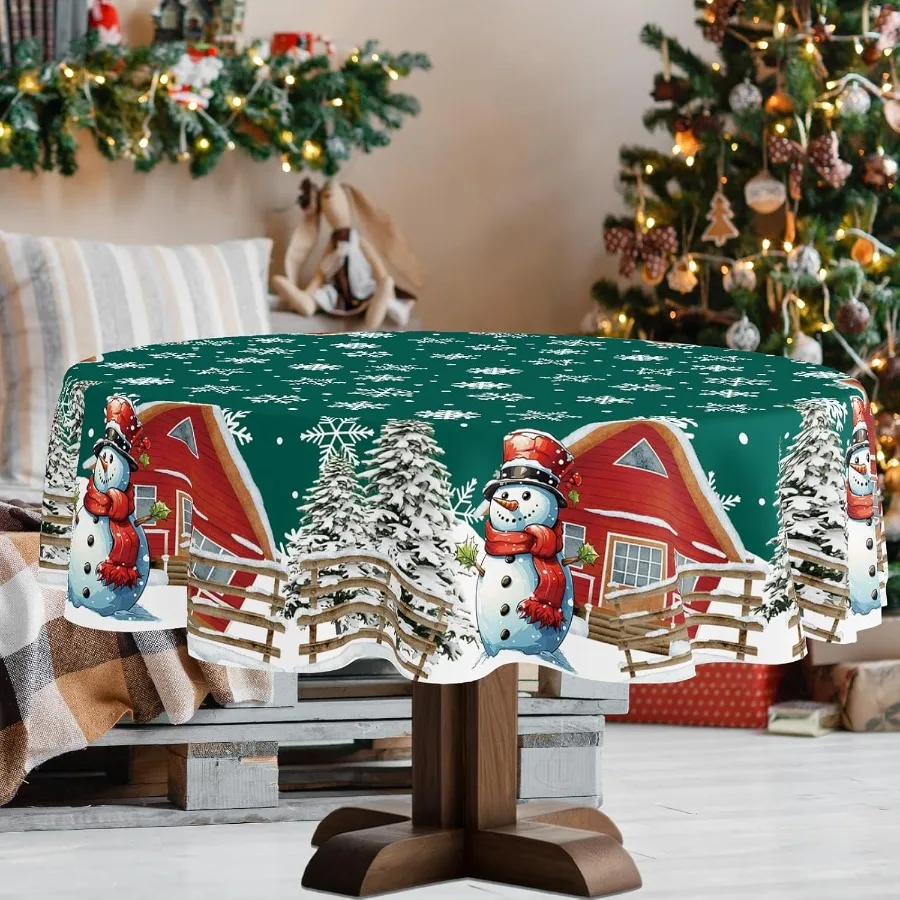 

Green Christmas Tablecloth 60 Round Snowman Snowflakes Farmhouse Xms Theme Table Cloth Spillproof Washable Fabric Cloth Table C