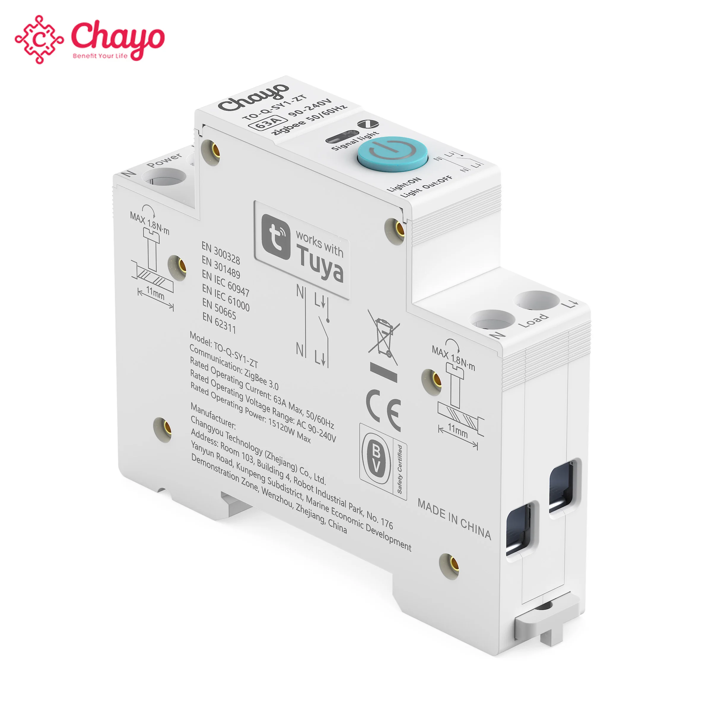 Chayo Tuya Zigbee Smart Circuit Breaker 1P+N 6A-63A DIN‑Rail Energy kWh Volt‑Amp Monitor Timer Voice Remote Home Protection