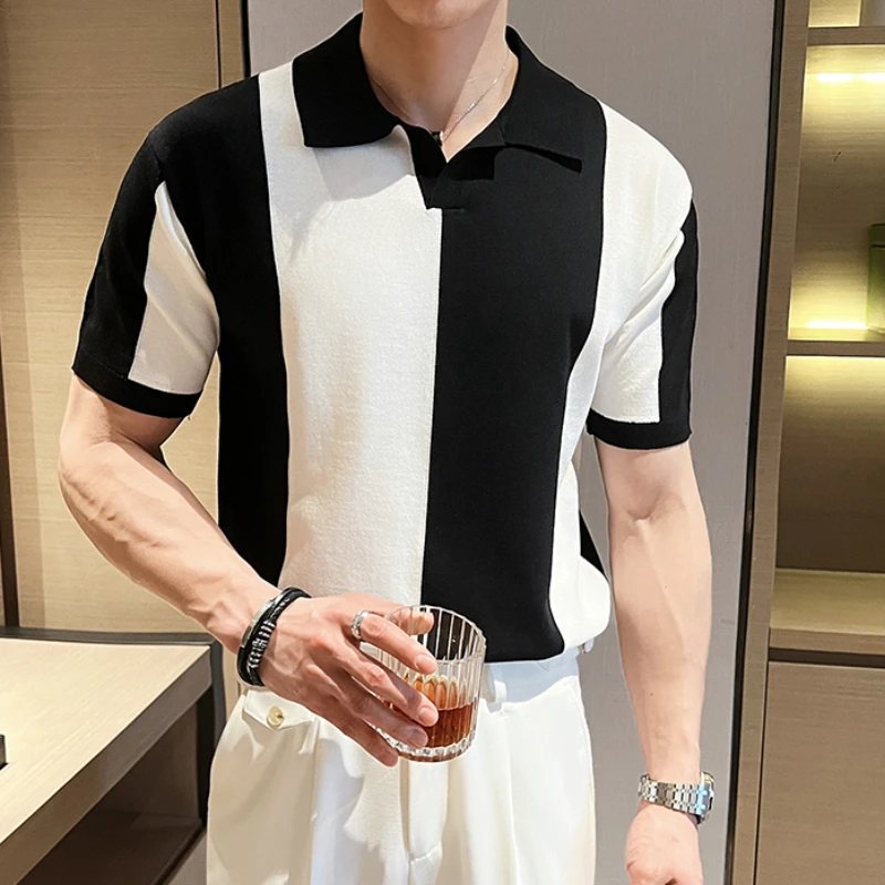 

Summer Knitted Striped Polo Shirt for Men Ice Silk Breathable Short Sleeve T-shirts Slim Fit Lapel Casual Business Tee Tops 2024