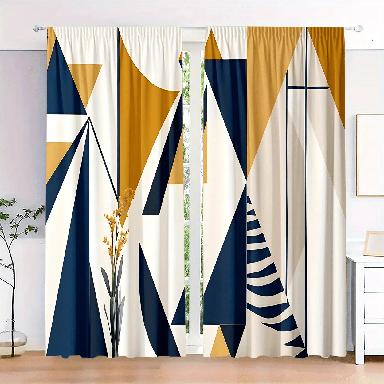 2pcs Geometric Navy Mustard Abstract Curtain for Contemporary Living Room Bedroom Modern Art Drape