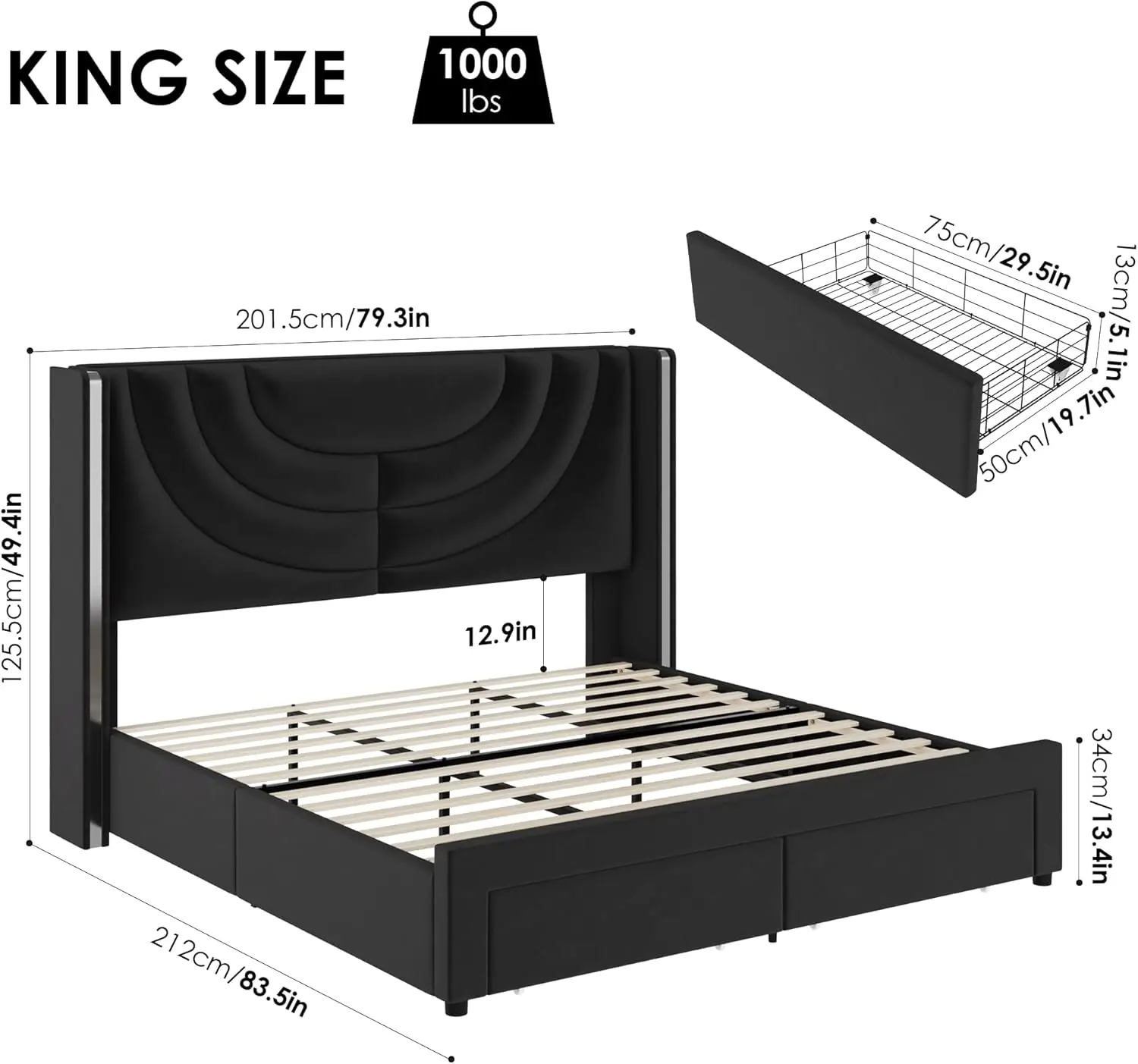 Mole acolchoado cama LED com 2 gavetas de armazenamento, plataforma de veludo, madeira maciça suporte plano, cabeceira emenda Design