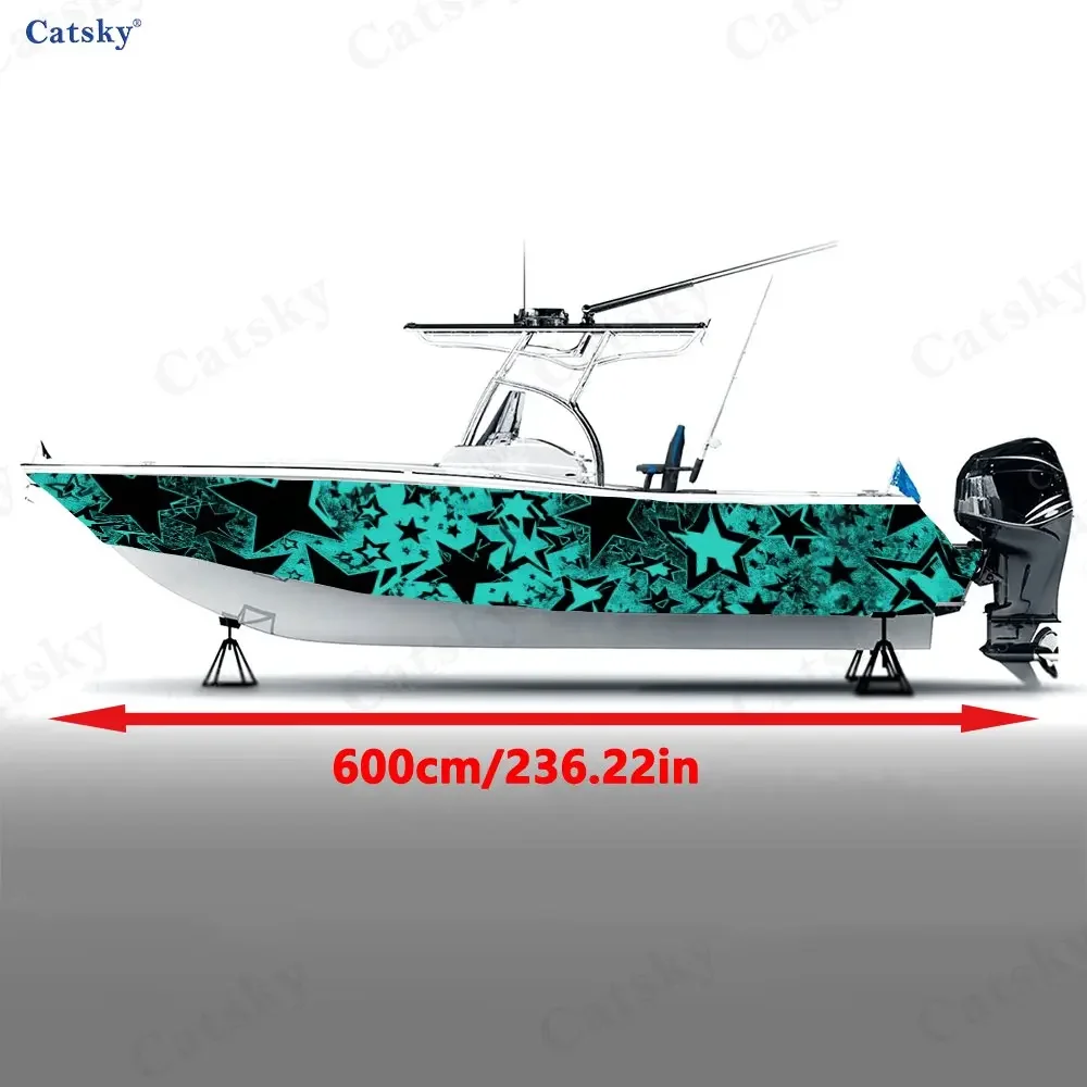 2Pcs Teal & Black Starburst Geometric Boat Sticker, PVC Waterproof Vinyl Wrap Decals for Fishing Boat, Durable Stylish Design
