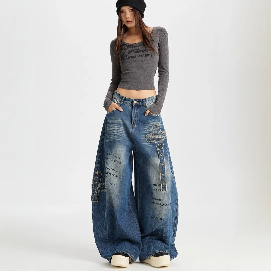 Women's Loose Wide Leg Jeans, Distressed Denim Pants, American Style, Slim Fit, Long Trousers, New Fashion, Autumn, Y2k