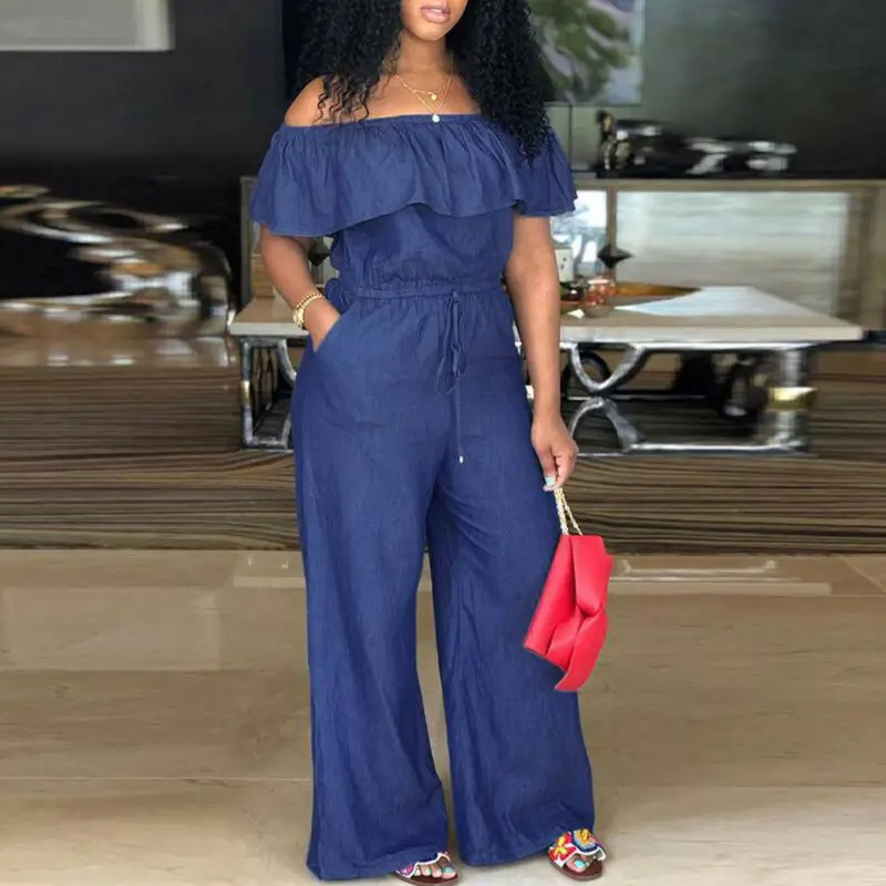 Mode Casual Vrouwen Solide Off Shoulder Lange Romper Jumpsuit Bodysuit Over Het Algemeen Wijde Benen