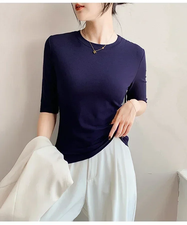 2026 Basic Einfarbiges Kurzarm-T-Shirt mit Rundhalsausschnitt, Eng Anliegend, Sommerliches Casual-Oberteil für Damen, Y2K Vintage Top, Harajuku Streetwear – Detail 21