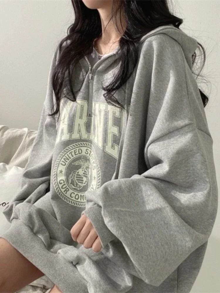 Deeptown-Women's Zip Up Oversized Hoodies, Harajuku Letter Print Sweatshirts, Gray Vintage Loose Fleece Winter Tops, Grunge, Hip