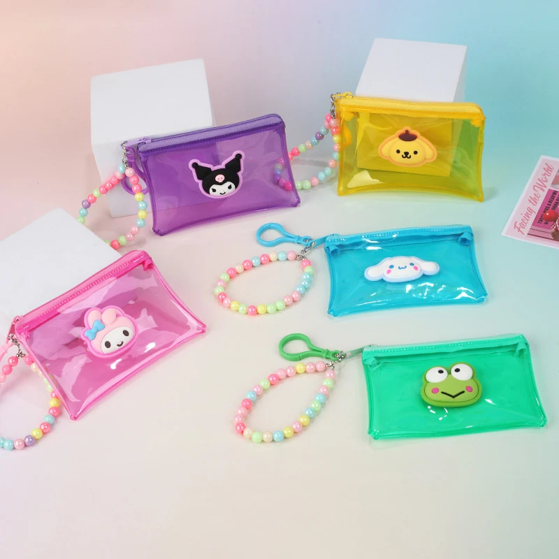 Cartoon Sanrio Portemonnee Kleurrijke Doorzichtige Portemonnee Sleutelhanger Draagbare Pvc Waterdichte Portemonnee Opbergtas Kaarttas Sleutelhanger