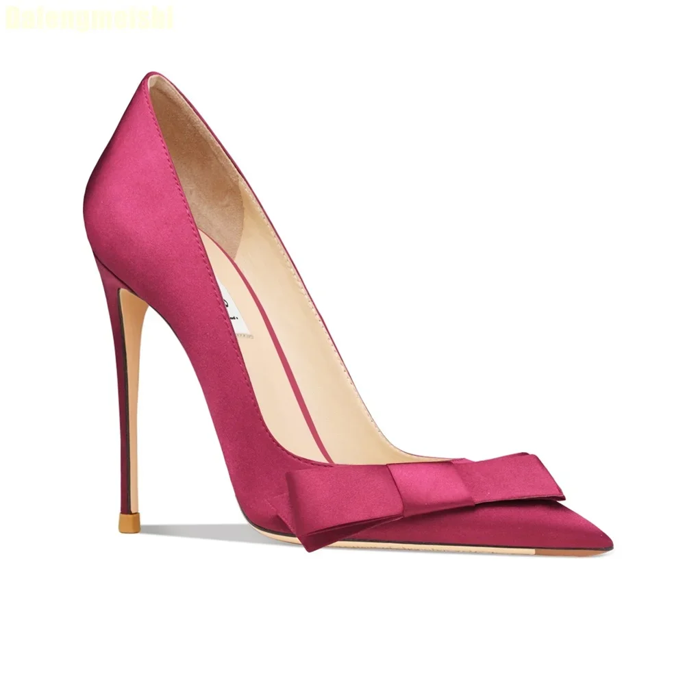 Genuine Leather Apricot Bow-Knot Pumps Elegant Stiletto Heel Pointed Toe Shallow High Heels 2025 New Banquet Satin Dress Shoes