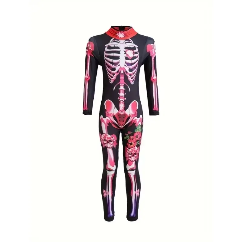 Halloween Girls Ghost Bride Jumpsuit Printed Skeleton Rose Zipper Women's Dressup Costume Horror Theme Party ParentChild Costume