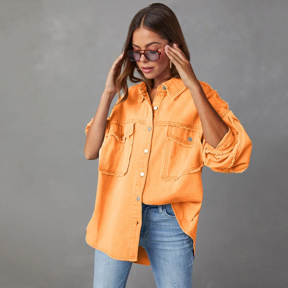 New Arrival Denim Jacket Womens Casual Loose Long Sleeve Lapel Washed Fringe Denim Jacket Woman Basic Coat Jeans Outwear Vintage