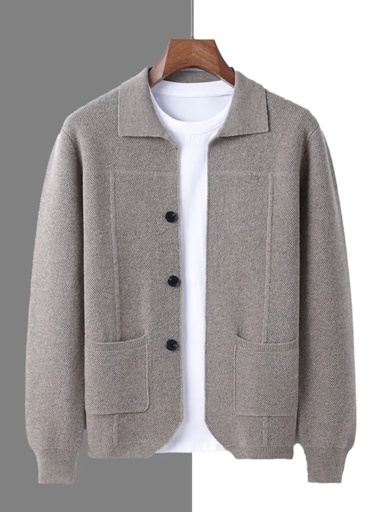 100% Australian wool knitted cardigan jacket loose large size POLO collar top solid color cashmere business wear