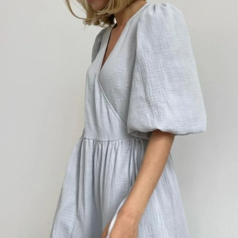 Dolce abito lungo da donna abiti con lacci scollo a V manica a sbuffo solido vita alta femminile una linea ufficio signora estate 2025 maxi abito